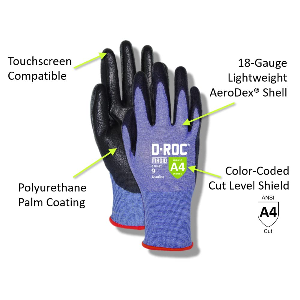 MAGID D-ROC ANSI A4 AeroDex Polyurethane Palm Coated Work Gloves, 12 Pairs, Size 11/2XL, GPD482