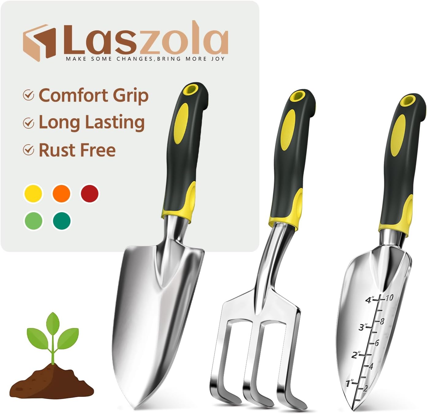 LASZOLA 3 Piece Garden Tool Set Include Hand Trowel Rake and Transplant Shovel for Women, Indoor Heavy Duty Small Spade Kit with Ergonomic Handle to Weed and Loosen, for Mom and Plant Beginner, Yellow