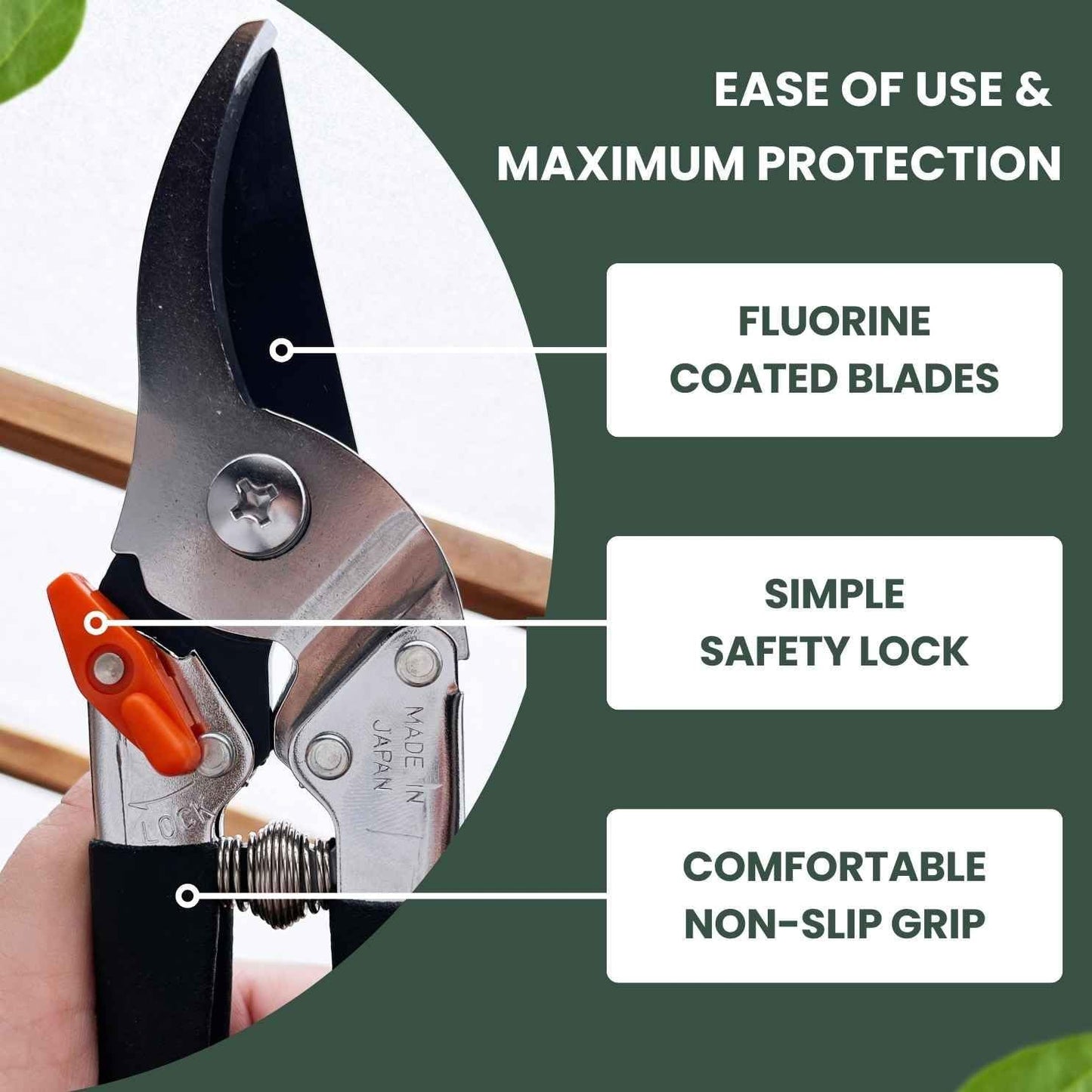 Saboten 7.9-Inch Bypass Pruning Shears, Fluorine-Coated High-Carbon Steel Blade, Ergonomic Non-Slip Grip Hand Pruner, Made in Japan, forest Originals