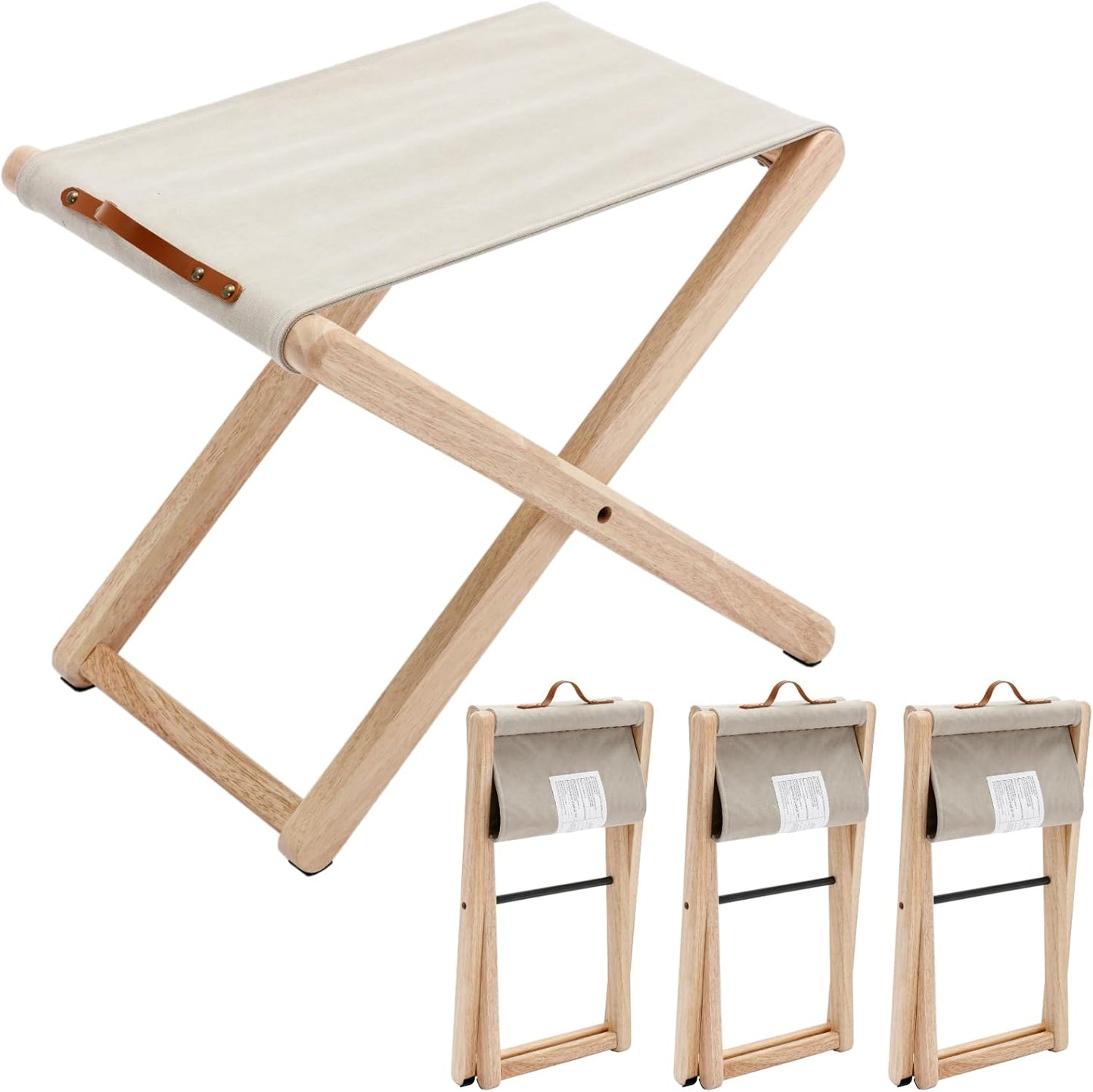 Folding Camping Stools Set of 4, Canvas Folding Stool with Wood Legs Portable Camp Stool Chairs for Outdoor Fishing Picnic Travel BBQ, Beige