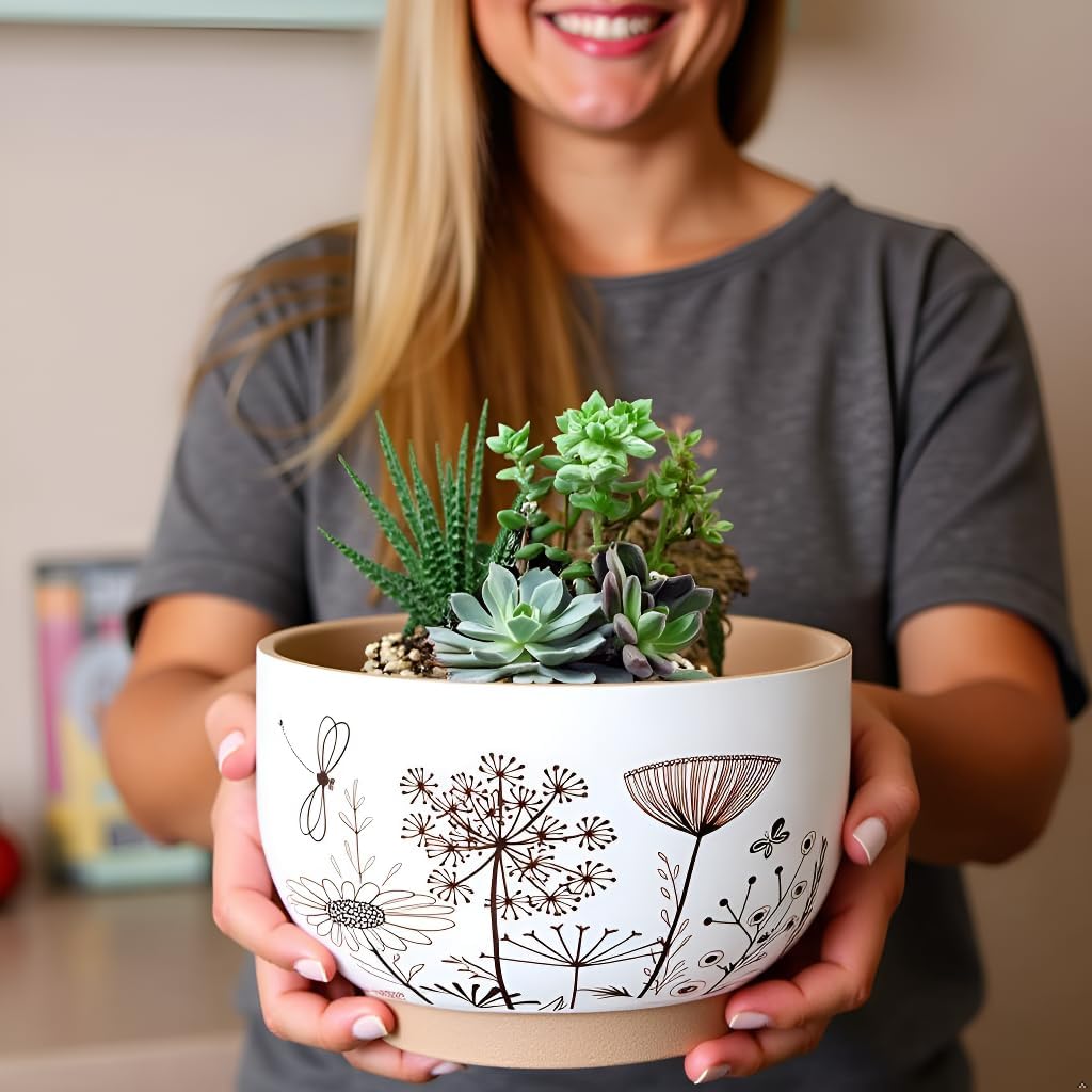 YBX 8 Inch + 6 Inch Ceramic Plant Pots, Succulent Flower Pots with Drainage Holes, Terracotta Planters for Indoor Plants, White&Terracotta (Garden)