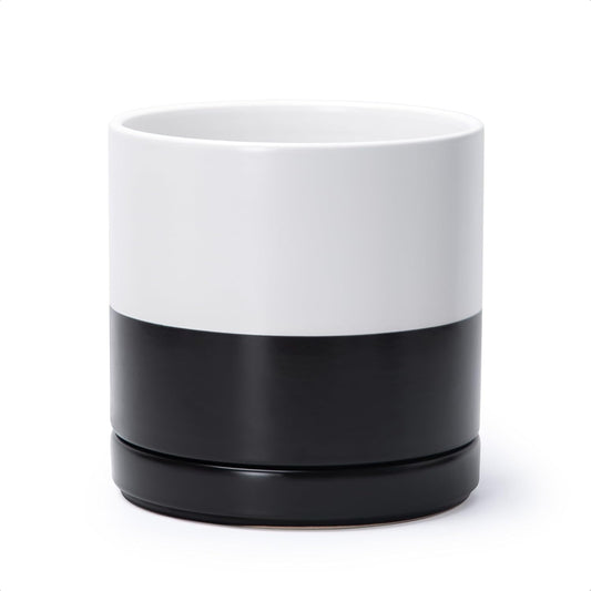 D'vine Dev 8.2 Inch Ceramic Planter Pot with Drainage Hole and Saucer, Indoor Cylinder Round Planter Pot, Layered Monochrome Black & White, 94-O-D-L