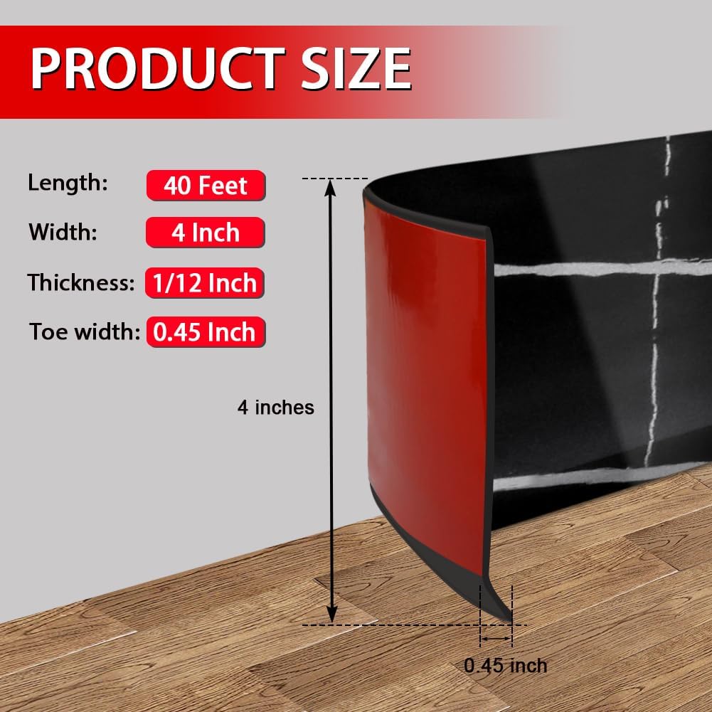 FONUNO Vinyl Wall Base Baseboard Molding Trim 4" Flexible Self Adhesive Rubber Wall Base Moulding Trim Peel and Stick Design, 4 Inch x 40 Feet, Black Stone Grain