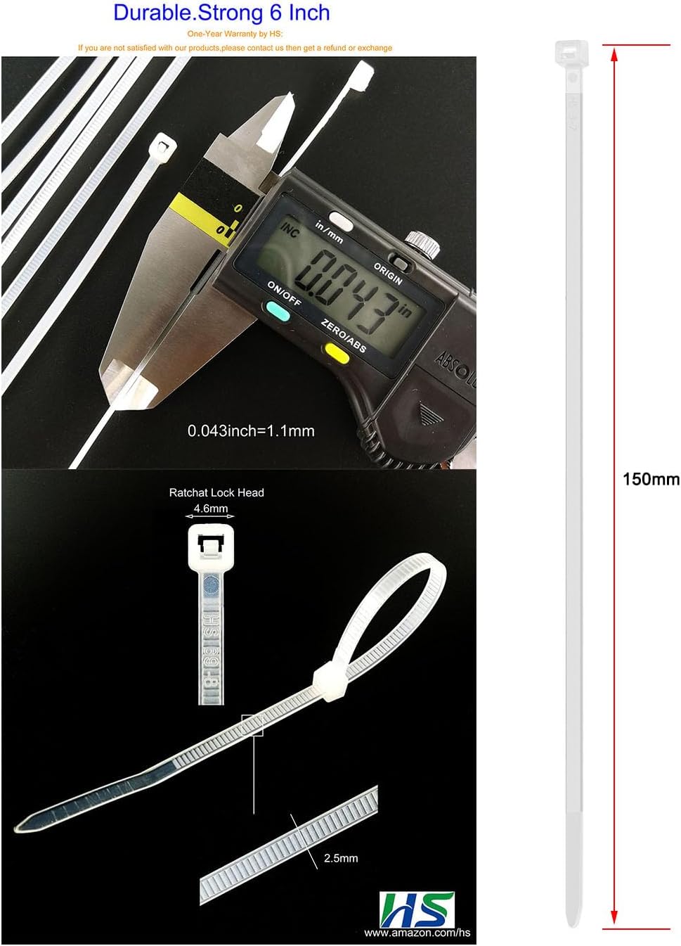 HS Clear Zip Ties 6 Inch Small (100 Pcs) 18 LBS Self Locking Zip Ties White Nylon Ties Thin,Strong and Durable