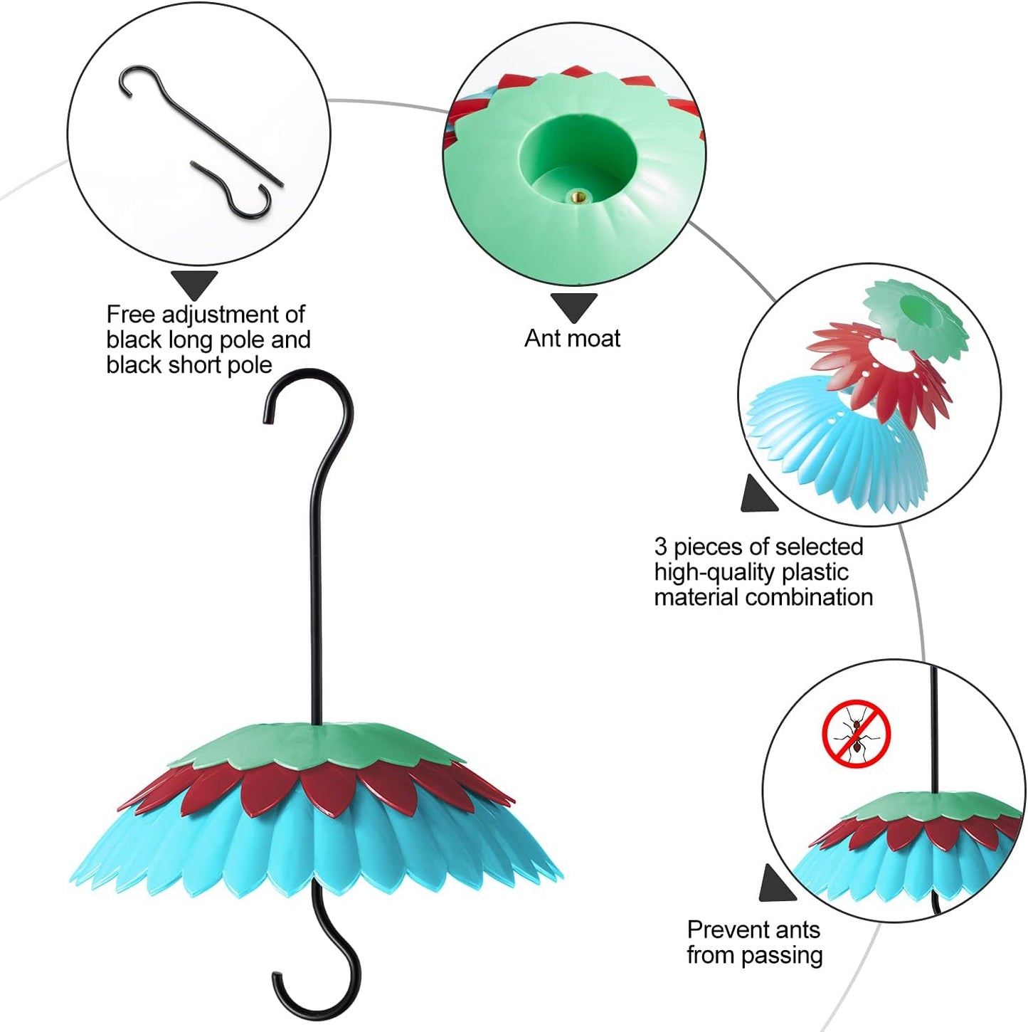 8" Bird Feeder Cover with Ant Moat, Skaithee Bird Feeder Baffle with Hummingbird Feeder Ant Guard & Rain Guard & Shepherd Hooks, Bright Colors Attract More Birds & Anti Rain/Snow/Ants (Blue 8 inches)