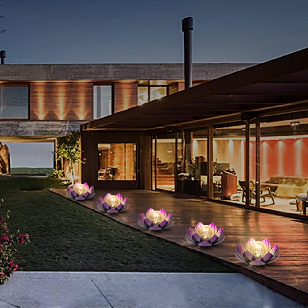 Huaxu Solar Lights Outdoor Decor Purple Lotus Waterproof LED Crackle Globe Glass Metal Flower Decorations for Garden Patio Yard Porch Pathway Ground Tabletop