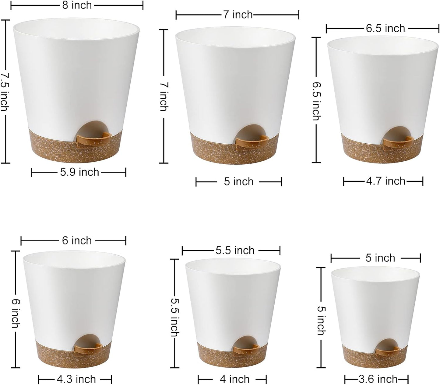 Indoor Self Watering Planters with Drainage Holes and Saucers, 8, 7, 6.5, 6, 5.5, 5 Inches, White, 6 Pots