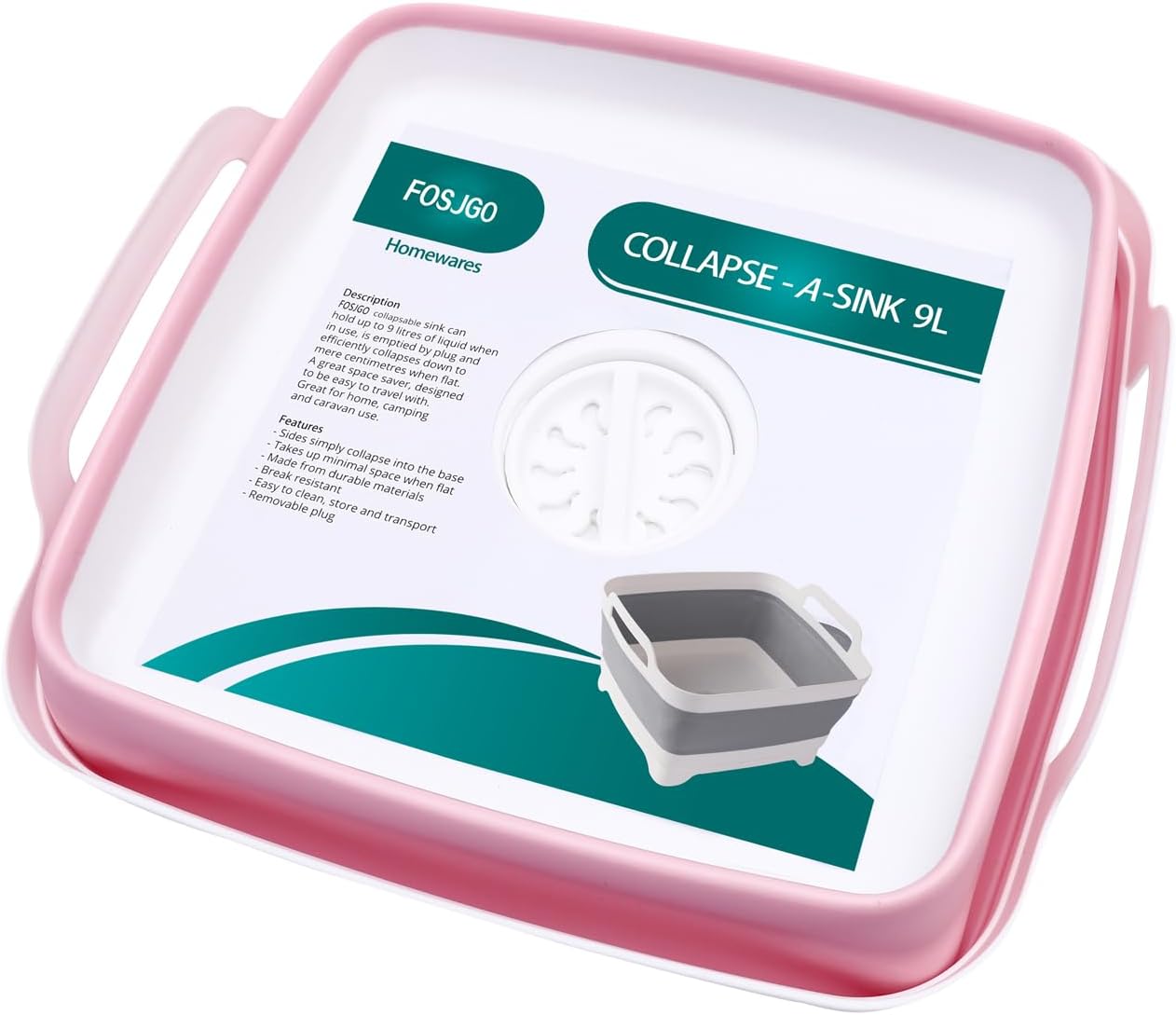 2.4 Gal(9L) Collapsible Dish Basin with Drain Plug,Space Saving Multiuse Foldable Sink Tub,Dishpan,Kitchen Sink for Camping,Plastic Tub,Vegetable Washing,RV…