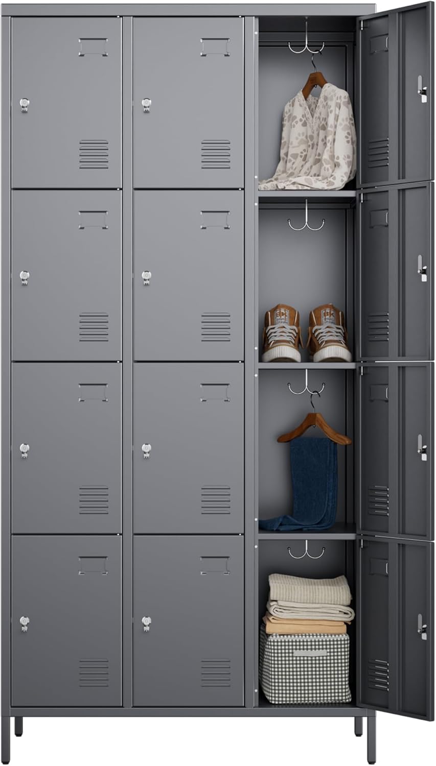Metal Lockers for Employees with 12 Door and 12 Hooks,Metal Storage Locker with Lock for School Office Gym Bedroom,Assembly Required,Dark Grey