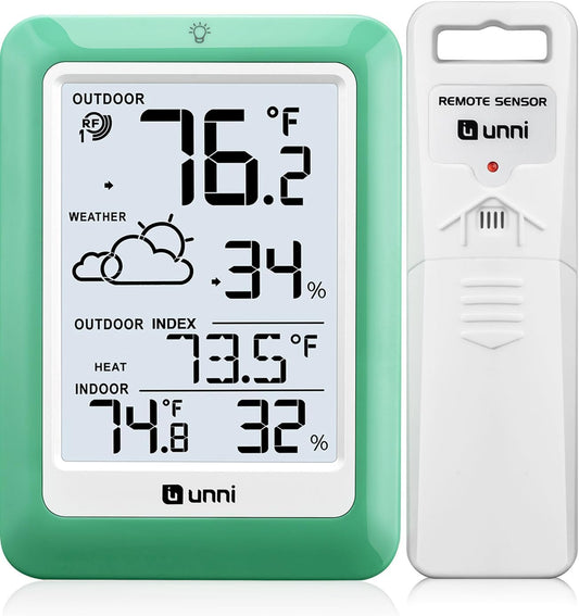 Indoor Outdoor Thermometer Wireless, Temperature Humidity Monitor Battery Powered Inside Outside Thermometers with 330ft Range Remote Sensor(Green)
