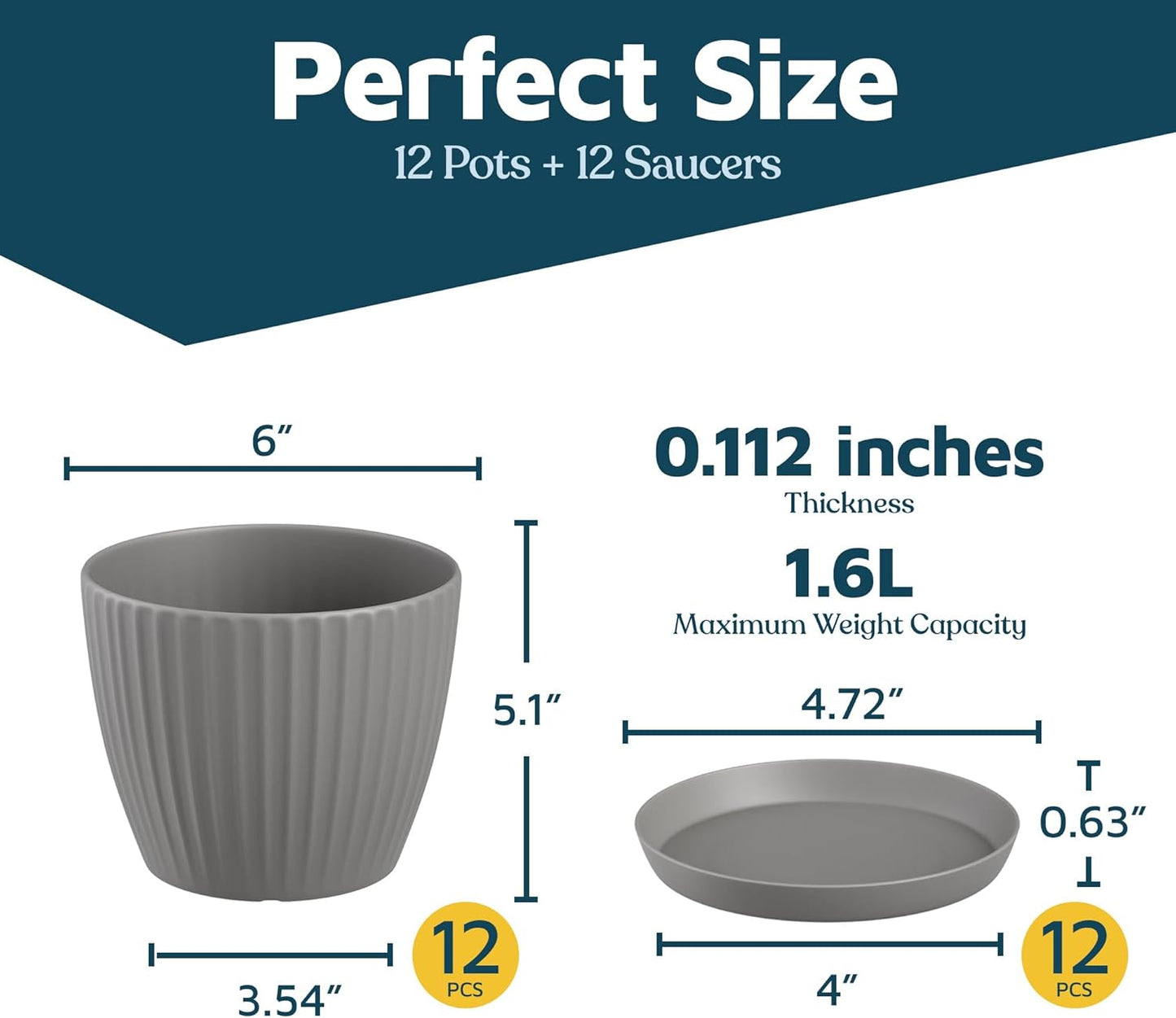 Gray 6-Inch Plant Pots with Drainage & Saucers 12 Pack, Indoor & Outdoor Planters for Houseplants, Herbs, and Flowers, Durable & Weatherproof Material, Stackable, Lightweight, Minimalist Design