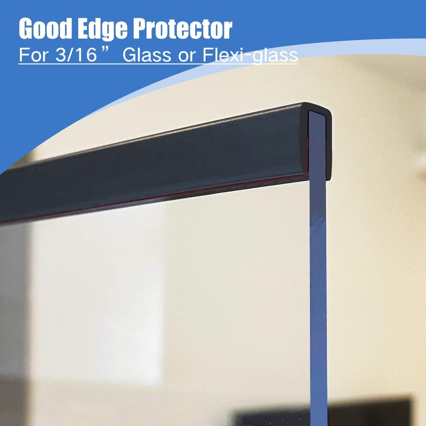Rubber Edge Trim, 3/16" U Channel Edge Trim, Edge Protector for Glasses or Flexi Glasses, 3/16 in Flexible U Shaped Gasket, Black Color, Length 20 Ft