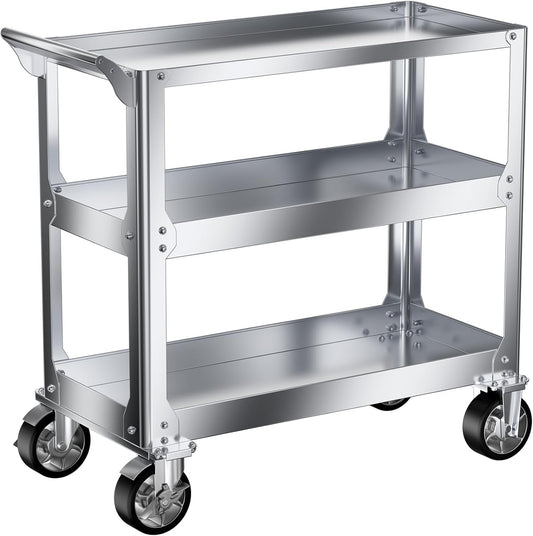 DDJ Stainless Steel Utility Cart on Wheels, 3-Tier 1100 lbs Heavy Duty Tool Cart with Wheels, Commercial Rolling Service Cart for Garage Workshop Warehouse Mechanic Kitchen 18.1" D x 30.7" W x 36.2" H