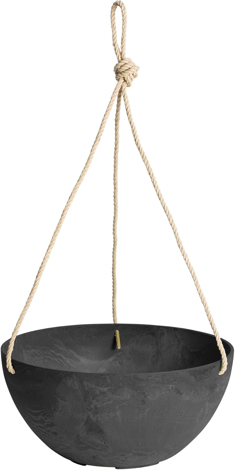Root & Vessel Self Watering Hanging Planter for Indoor or Outdoor Plants, Unique Marbled Hanging Basket Made of Eco-Friendly Blend of Stone & Plastic, Black, 12"