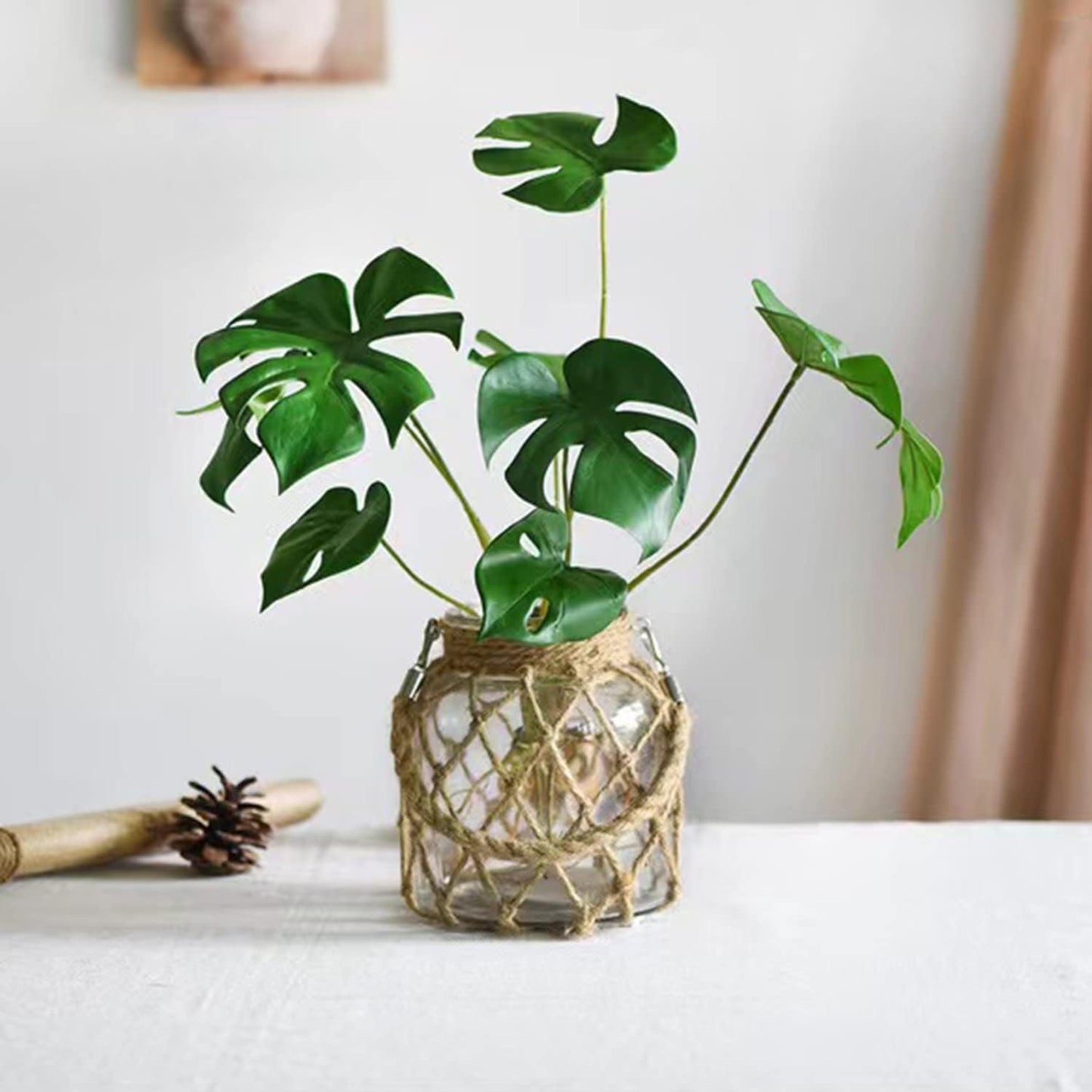 Rustic Hanging Mason Nautical Jar Creative Rope Net Dry Flower Glass Vase with Handle 6.5 Inch