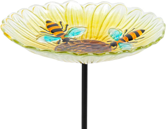 MUMTOP Bird Baths for Outdoors, Glass Bird Bath Stake, Bee Birdbaths & Support, Bee Baths for Garden, Outside, Lawn, Outdoor Decor