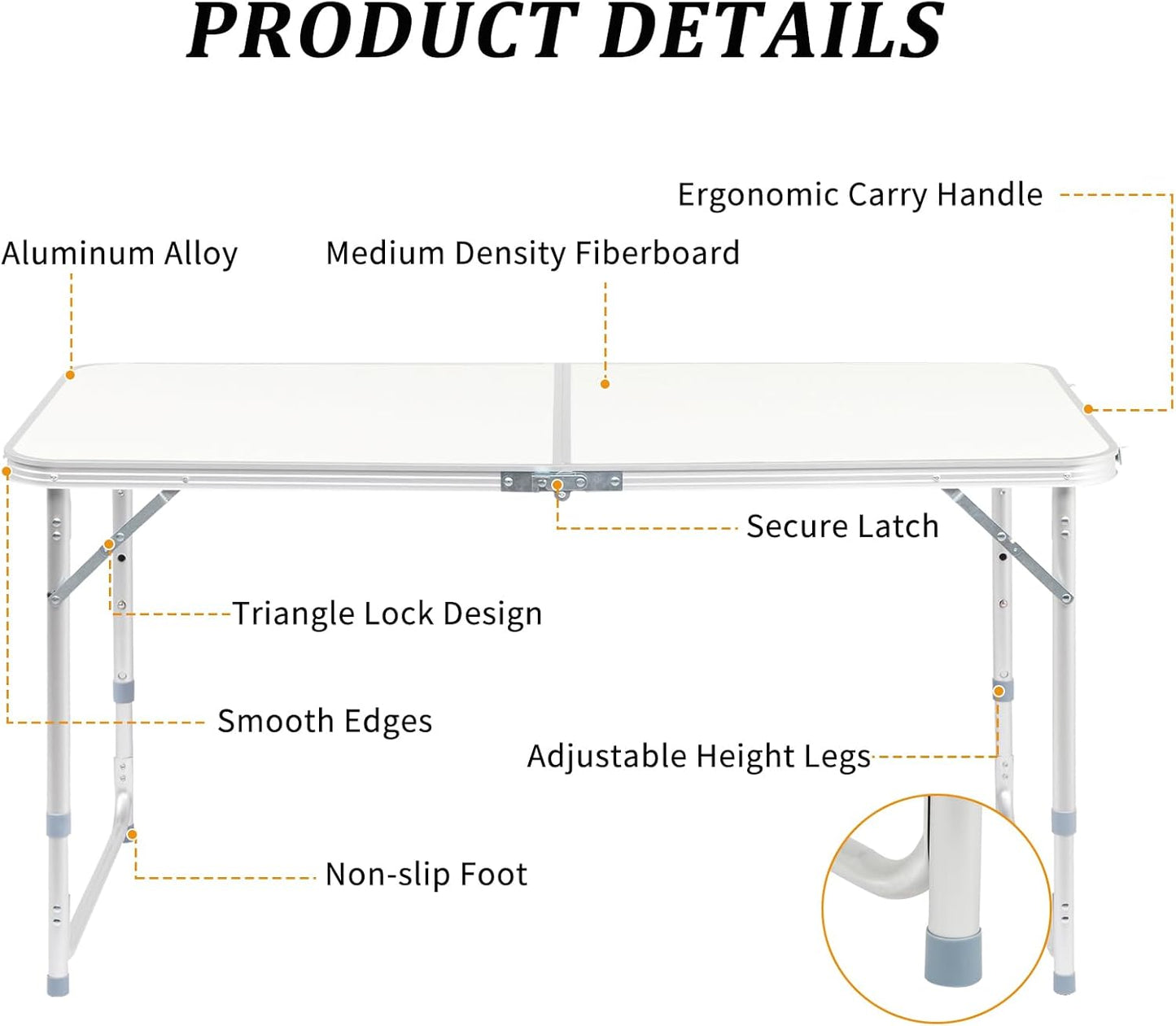 3.0 Ft Folding Portable Camping Table with Adjustable Height Aluminum Legs for Kitchen, BBQ, Dining, Picnic, Cooking, Beach, Garden, Party, Traval, Party, 4-6 People