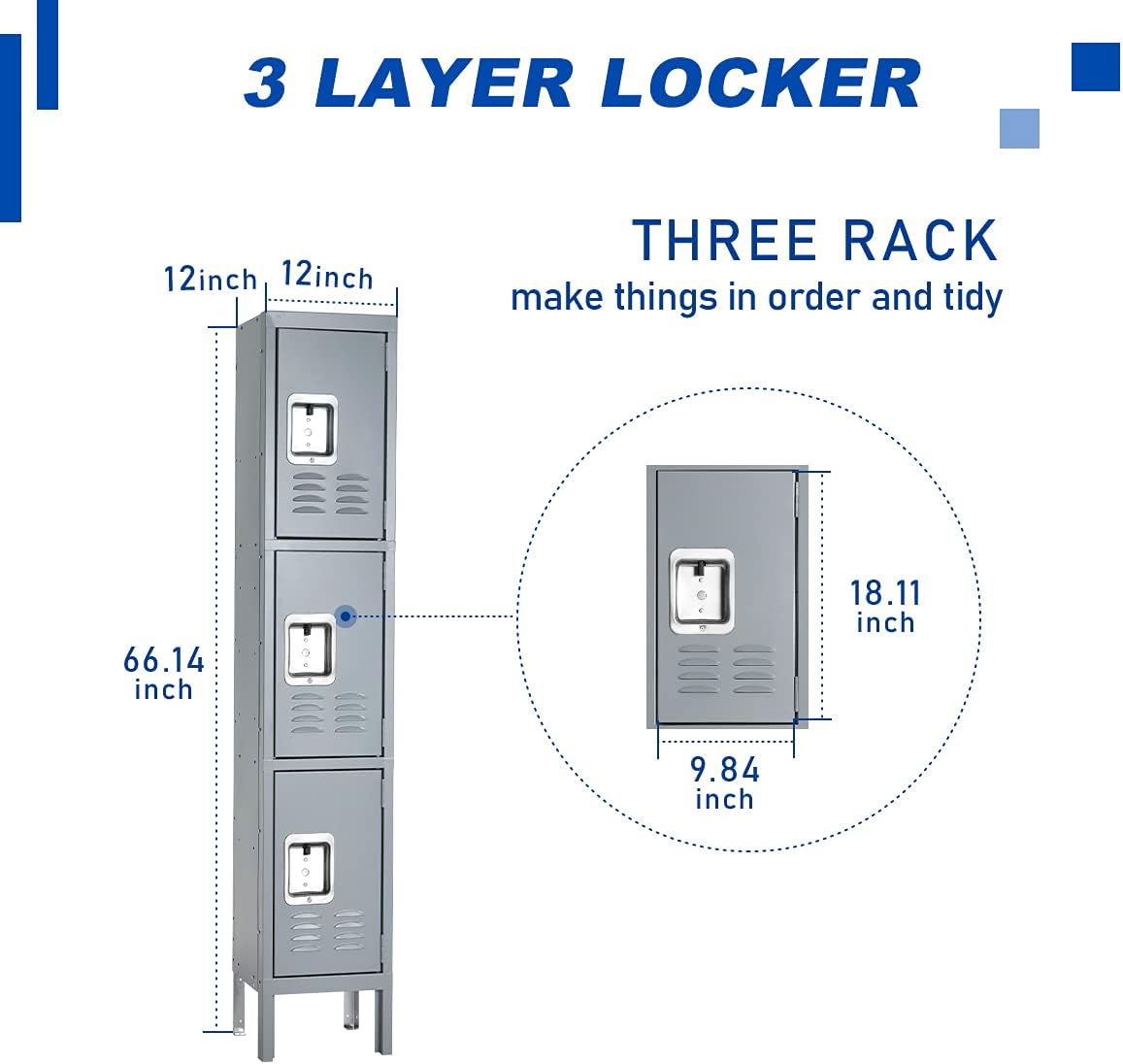 Bonusall Metal Locker for Employees, Office Storage Lockers 3-Tier Steel Lockers for School Gym Locker Compartment Home Office 3 Doors Grey