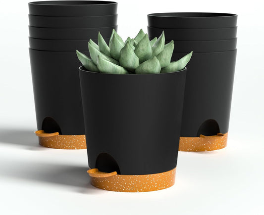 4 inch Small Plant Pots for Outdoor Indoor Plants, 10 Pack Planters with Drainage Holes and Tray, Small Self Watering Pots for Succulent, Cactus, Aloe and Other Plants (Black)