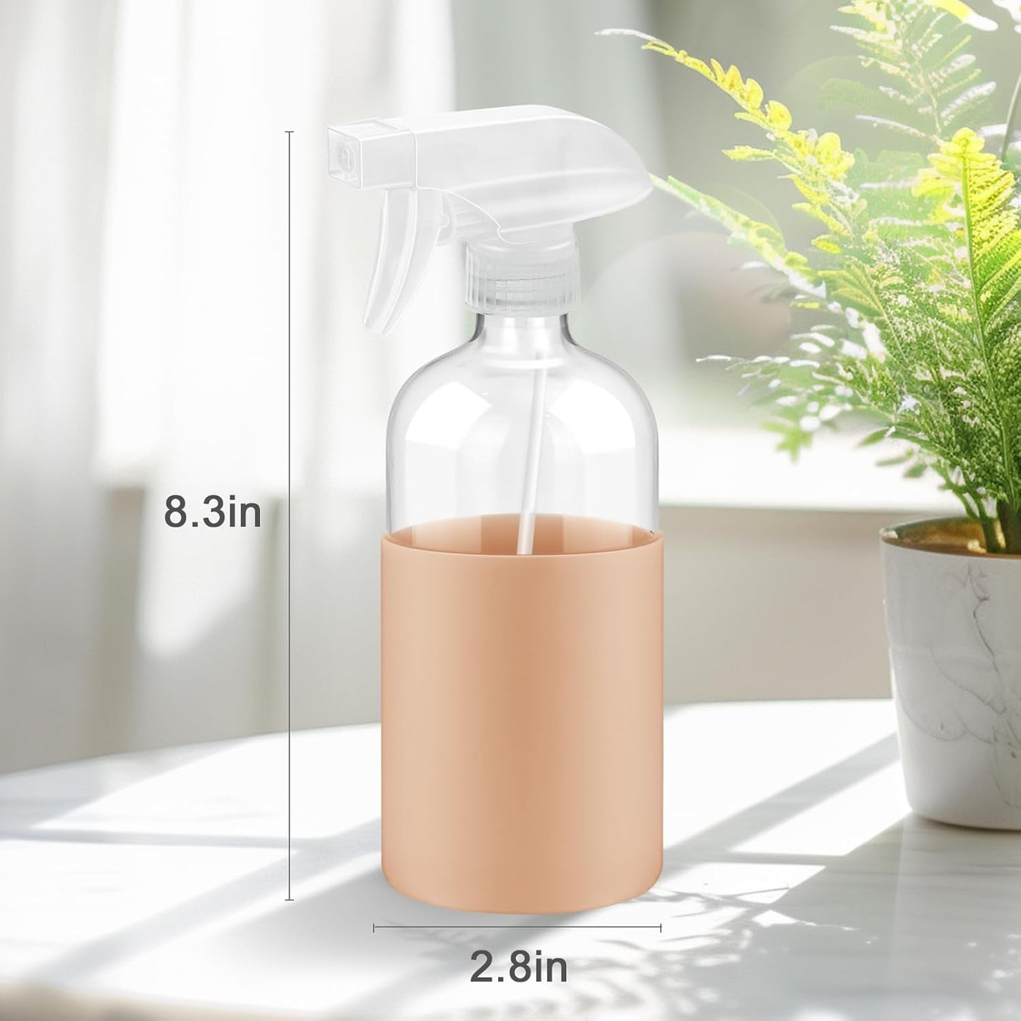 2 Pack Glass Spray Bottles with Long Silicone Sleeve, 16 oz Empty Refillable Containers with Adjustable Spray Nozzles, Spray Bottles for Hair, Cleaning Solutions and Plants khaki