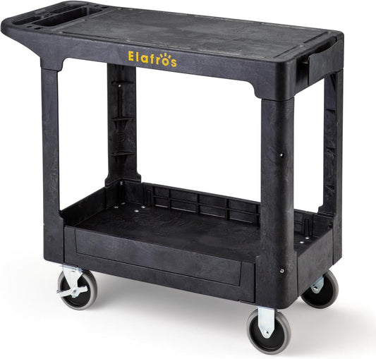 ELAFROS Heavy Duty Plastic Utility Cart Flat top 37 x 18.8 Inch - Work Cart Flat Shelves and 2 Fixed 2 Swivel Wheels Safely Holds up to 550 lbs - 2 Tier Service Cart for Warehouse,Garage, Black