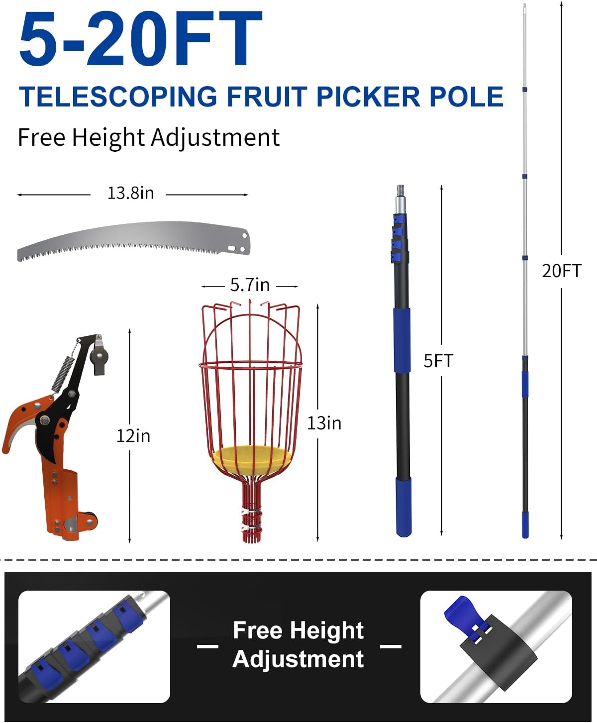 26FT Reach Pole Saw, Telescoping Tree Trimmer with 5-20FT Extension Pole, Sharp Steel Blade and Scissors, Fruit Picker, Extendable Long Handle Tree Pruner for Yard Garden Trees Palms Shrubs