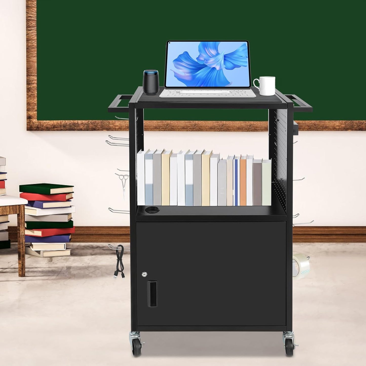 Computer Cart AV Cart, 3 Tiers Utility Media Cart with Wheel, Locking Cabinet, Power Strip and 264.55 lbs Load Capacity, Laptop Cart Mobile Workstation for Classroom Conference Room Black