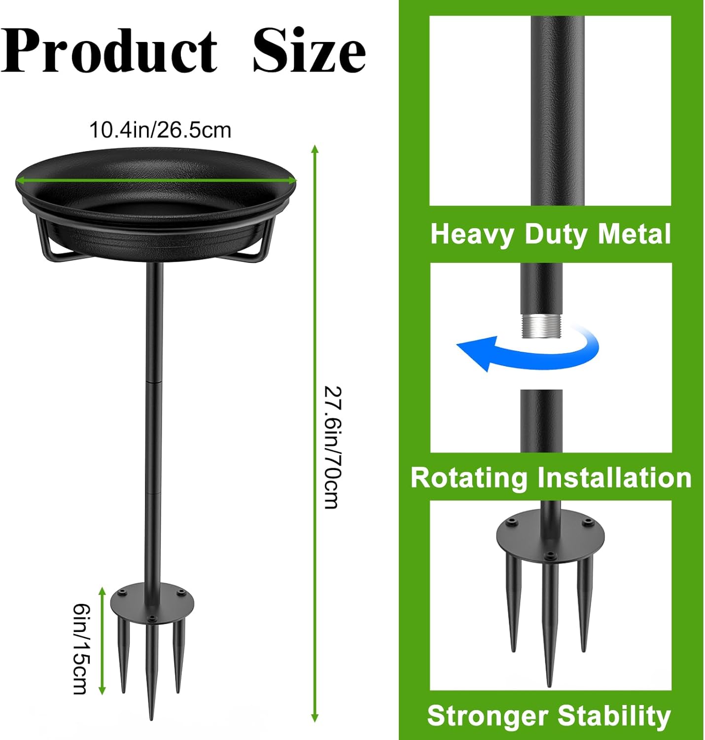 Bird Baths for Outdoors, Detachable Birdbaths for The Garden Clearance, Freestanding Bird Baths for Outdoors Heavy Duty, Bird Bath Bowl Spa & Birdfeeder with Metal Stake Stand (Black)