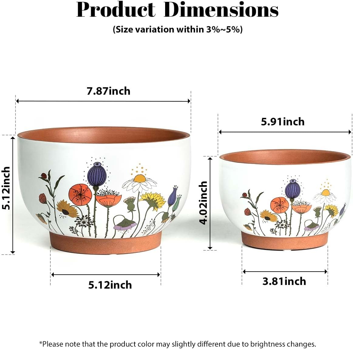 YBX 8 Inch & 6 Inch Terracotta Pots, Plant Pots Indoor, Flower Pots for Indoor Plants with Drainage, Planters with Floral Accent for Indoor Plants (French Country)