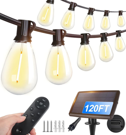 Tenmiro 120FT Solar Outdoor String Lights with Remote and 32+2 LED Shatterproof Bulbs Dimmable & Timing 3 Light Modes Solar Patio String Lights for Cafe, Garden, Deck, Outside Wedding Last for 10+Hrs