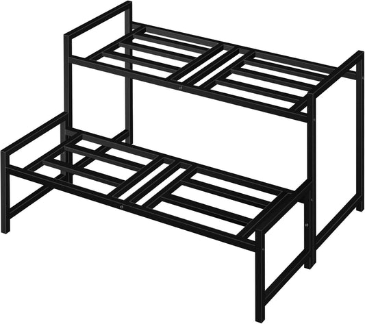 Plant Stand Indoor Outdoor, 2-Tier Wrought Iron Plant Stands, Stackable Metal Plant Shelf Decorative Outdoor Flower Stand Heavy Duty Pedestal Stands for Garden Deck Living Room, Black