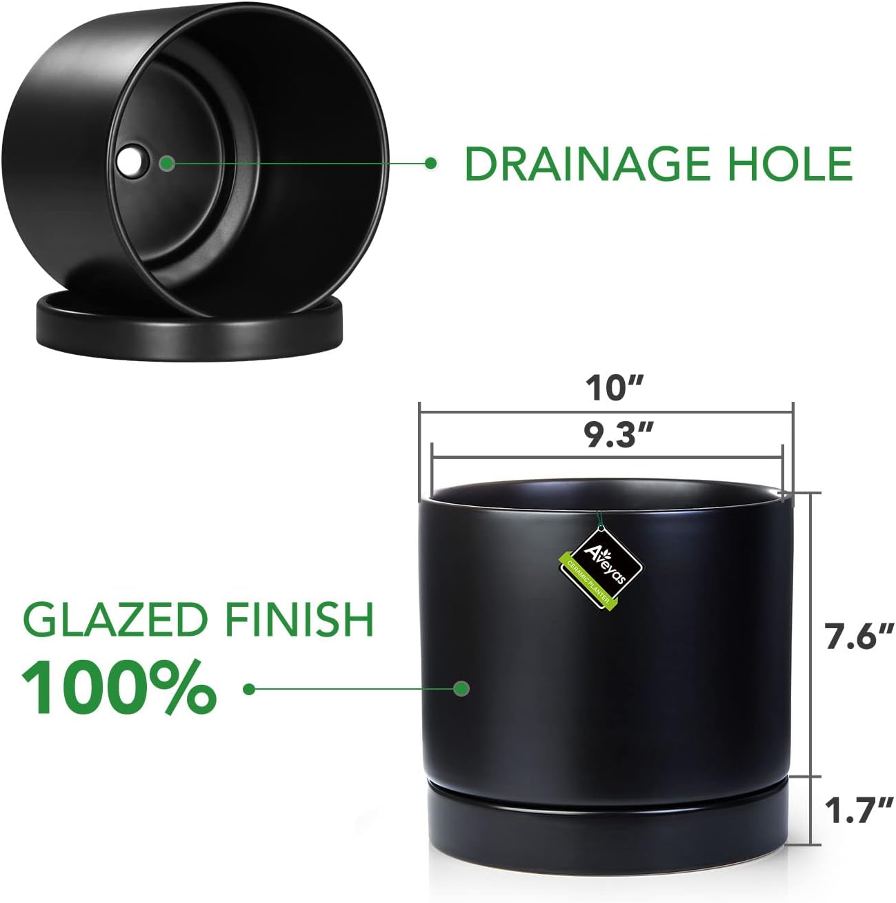 Aveyas 10 inch Ceramic Plant Pot with Drainage Hole and Saucer - Suitable for Indoor and Outdoor Use, Modern Planters for House Garden Flower Tree Snake Monstera Plants (10", Matte Black)