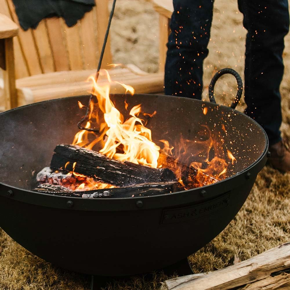 Ash & Ember 32in Hemisphere Fire Pit with Screen and Poker, Cast Iron High-Temperature Black Paint Fire Bowl, Wood Burning Backyard Fireplace, Portable Outdoor Firepit