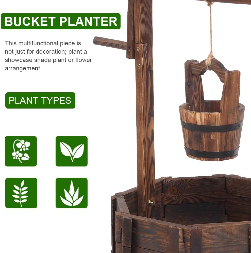 Wooden Wishing Well with Hanging Bucket, Outdoor Rustic Wishing Well Planter for Flowers and Plants, Well Covers for Yard, Garden Decor for Outside