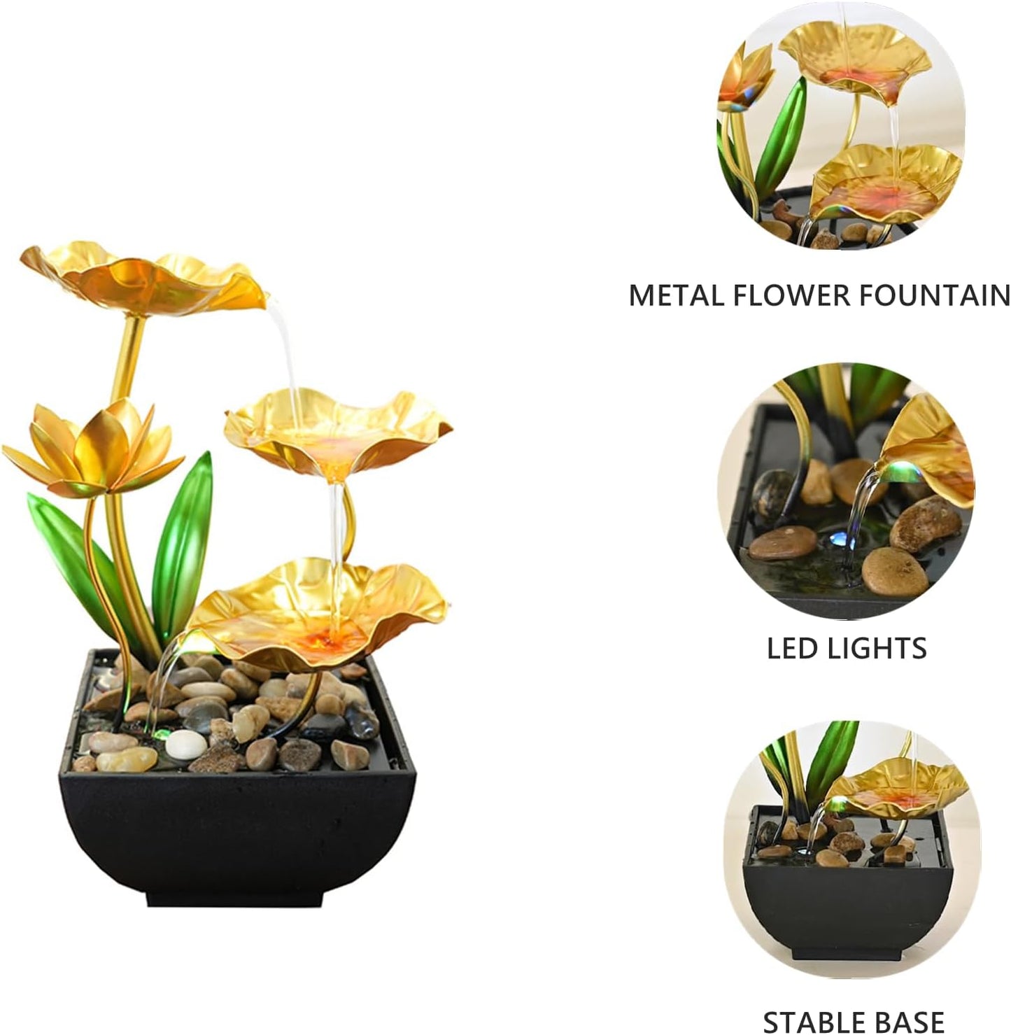Gold Tabletop Water Fountain, Desktop Waterfall, Indoor Lotus Desktop Decorative Fountain, Home Bathroom Bedroom Decor.