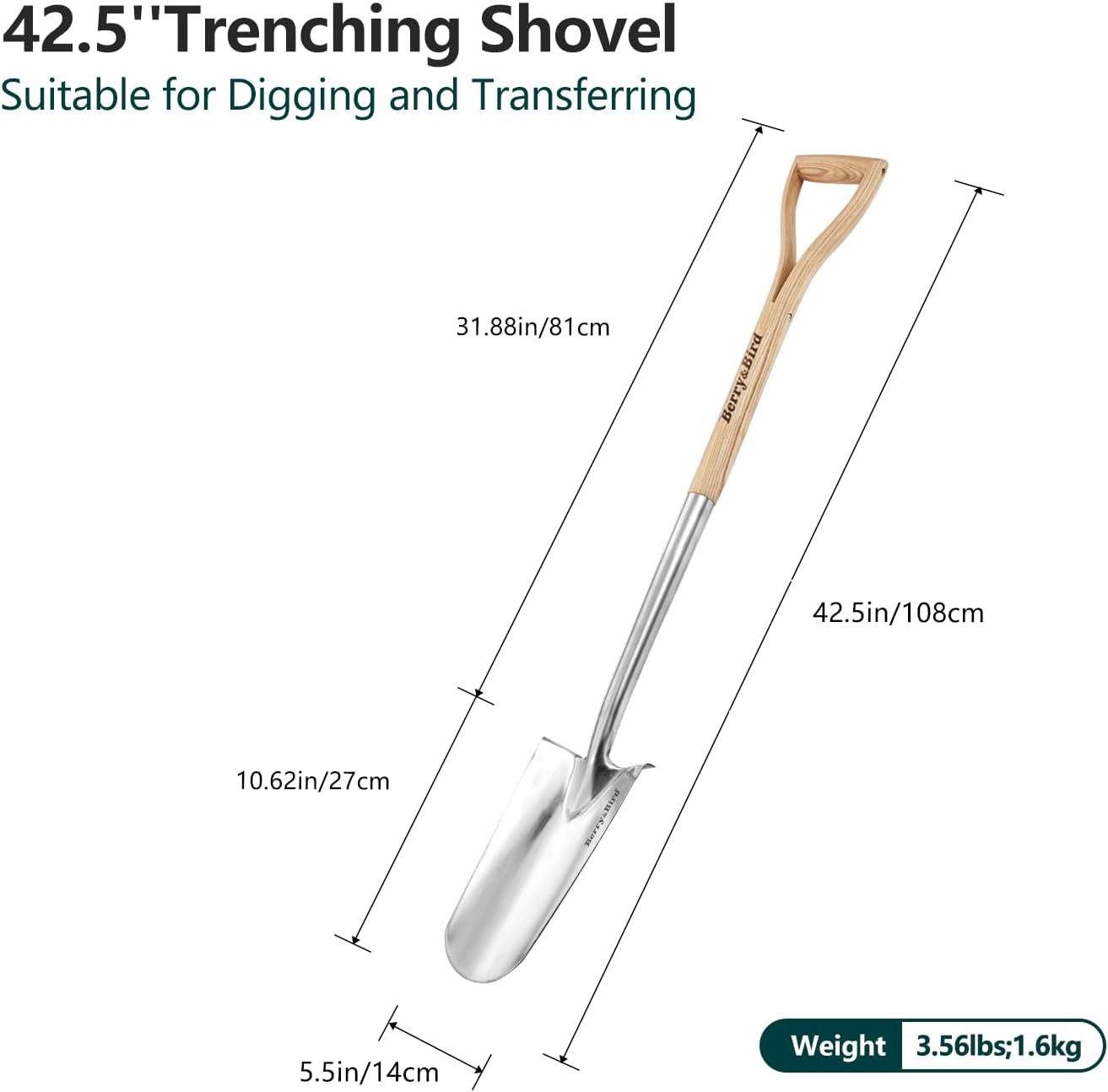 Berry&Bird Trenching Shovel, Garden Drain Spade Shovel with Wood Handle, 42.5" Stainless Steel Gardening Planting Spade, Heavy Duty Root Cutter Shovel Trench Shovel for Digging Transplanting & Edging