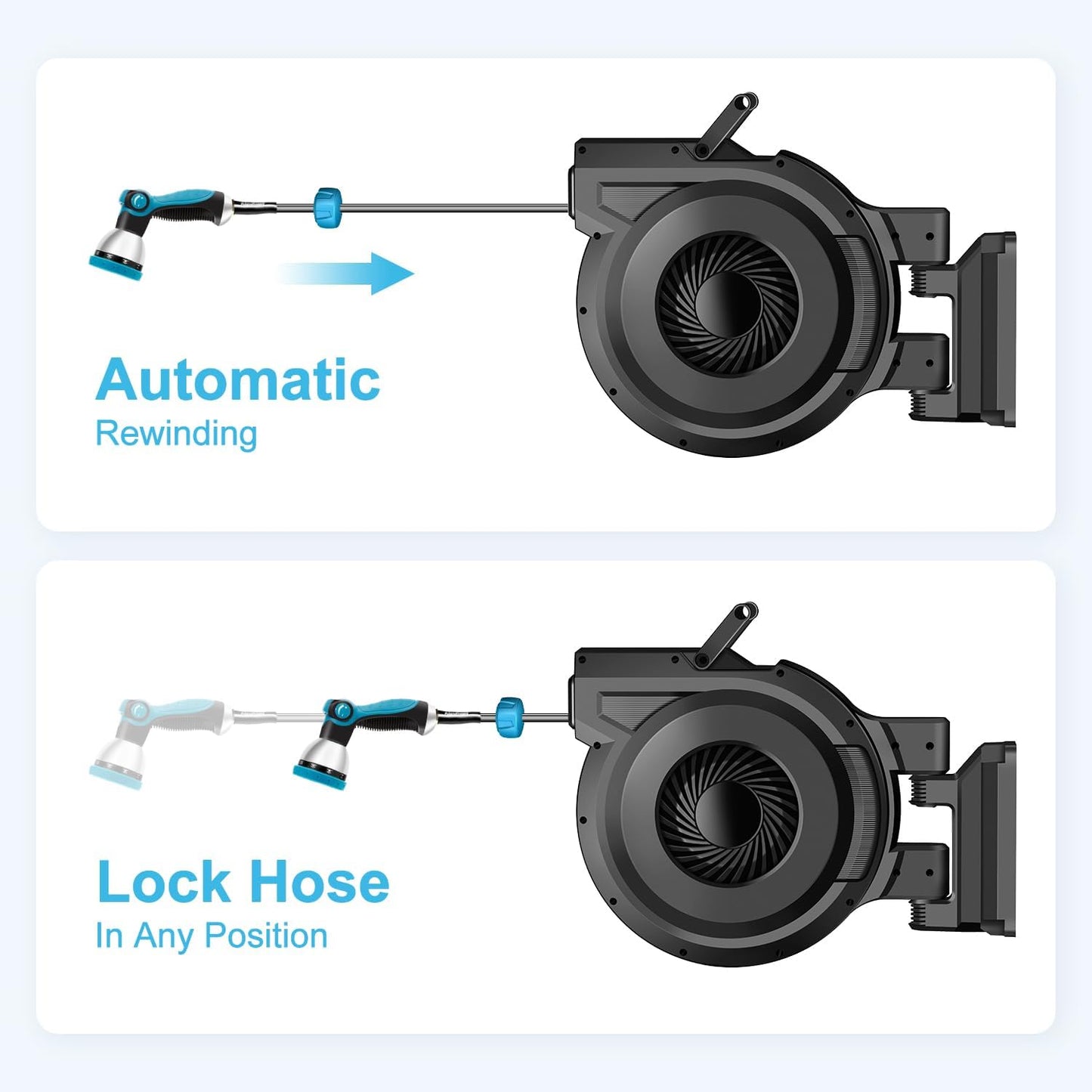 Retractable Garden Hose Reel - 5/8 inch x 60 ft Wall Mounted Hose Reel with 10 Pattern Nozzle & Any Length Lock, Heavy Duty Water Hose Supports Automatic Rewind & 180° Swivel, Black