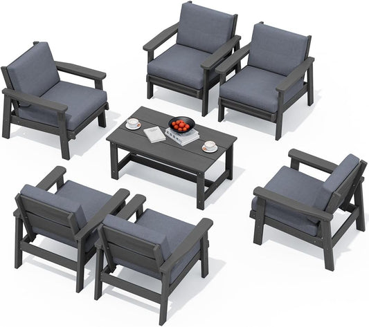 SERWALL HDPE Outdoor Furniture Set, 7 Piece All Weather Wood-Like Outdoor Sofa Sectional Couch, Grey Patio Furniture Set with Grey Cushions