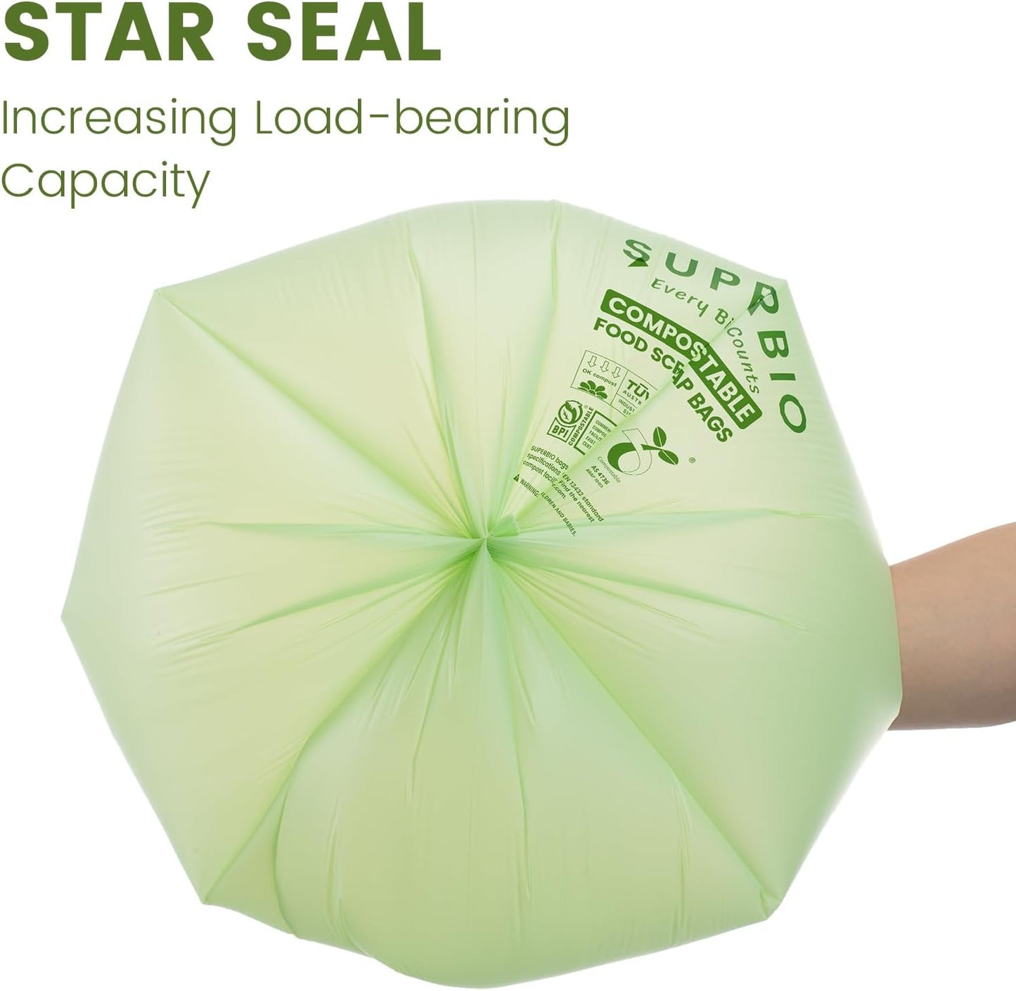 SUPERBIO 13 Gallon Flat Top Compostable Food Waste Bags, 50 Count, 2 Pack, 49.2L, 0.87 Mil, ASTM D6400 BPI and OK compost INDUSTRIAL