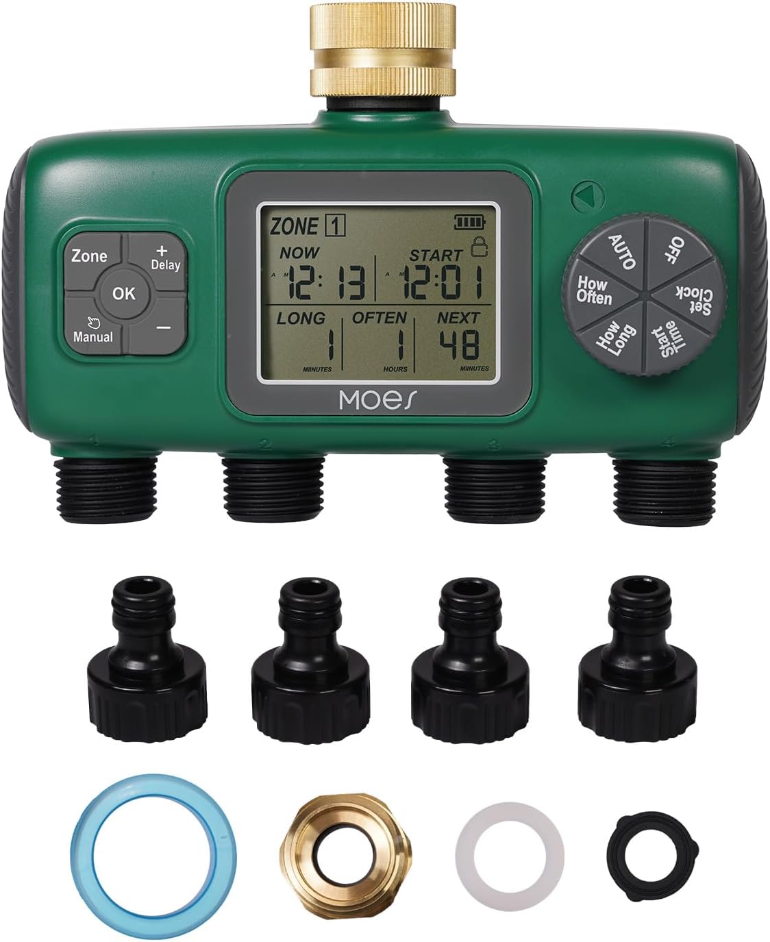 MOES 4 Outlet Sprinkler Timer, Brass Inlet, Programmable Automatic Irrigation Controller, Rain Delay, Manual Watering, 4 Zone Water Hose Timer for Gardens, Lawns, and Hose Systems