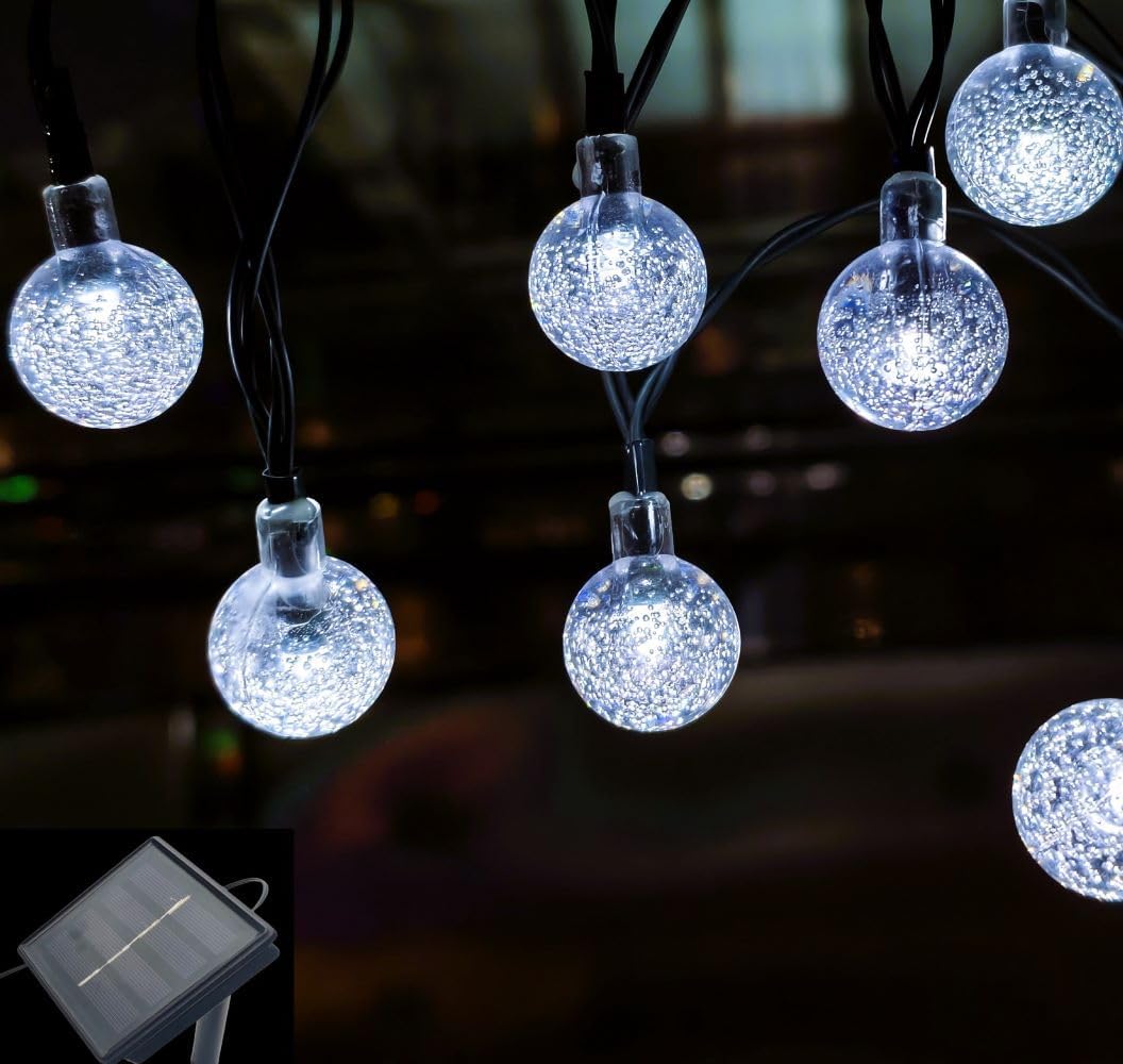 Solar String Lights Outdoor, 20ft Waterproof 30 LEDs 8 Modes Crystal Globe Solar String Fairy Lights Backyard Patio Christmas Lights for Holiday Party Gardens Backyard Wedding (White)