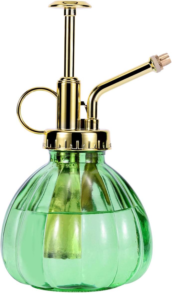 Glass Plant Mister Spray Bottle, 6.5" Green Glass Water Spray Bottle with Gold Top Pump Small Watering Can, Small Plant Sprayer Mister for Indoor Outdoor House, Green+Gold (Green+Gold C)