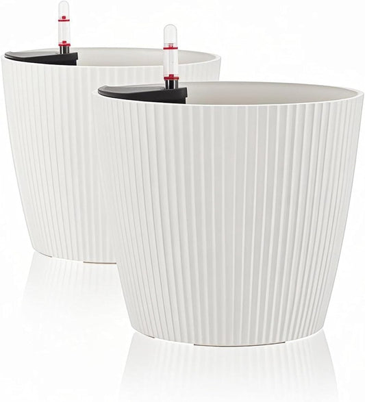 Dexceder 13x12 Self Watering Planters Indoor, Inner Mat Design, Floor Standing Flower Plant Pot with Water Level Indicator (2 Pack, White)