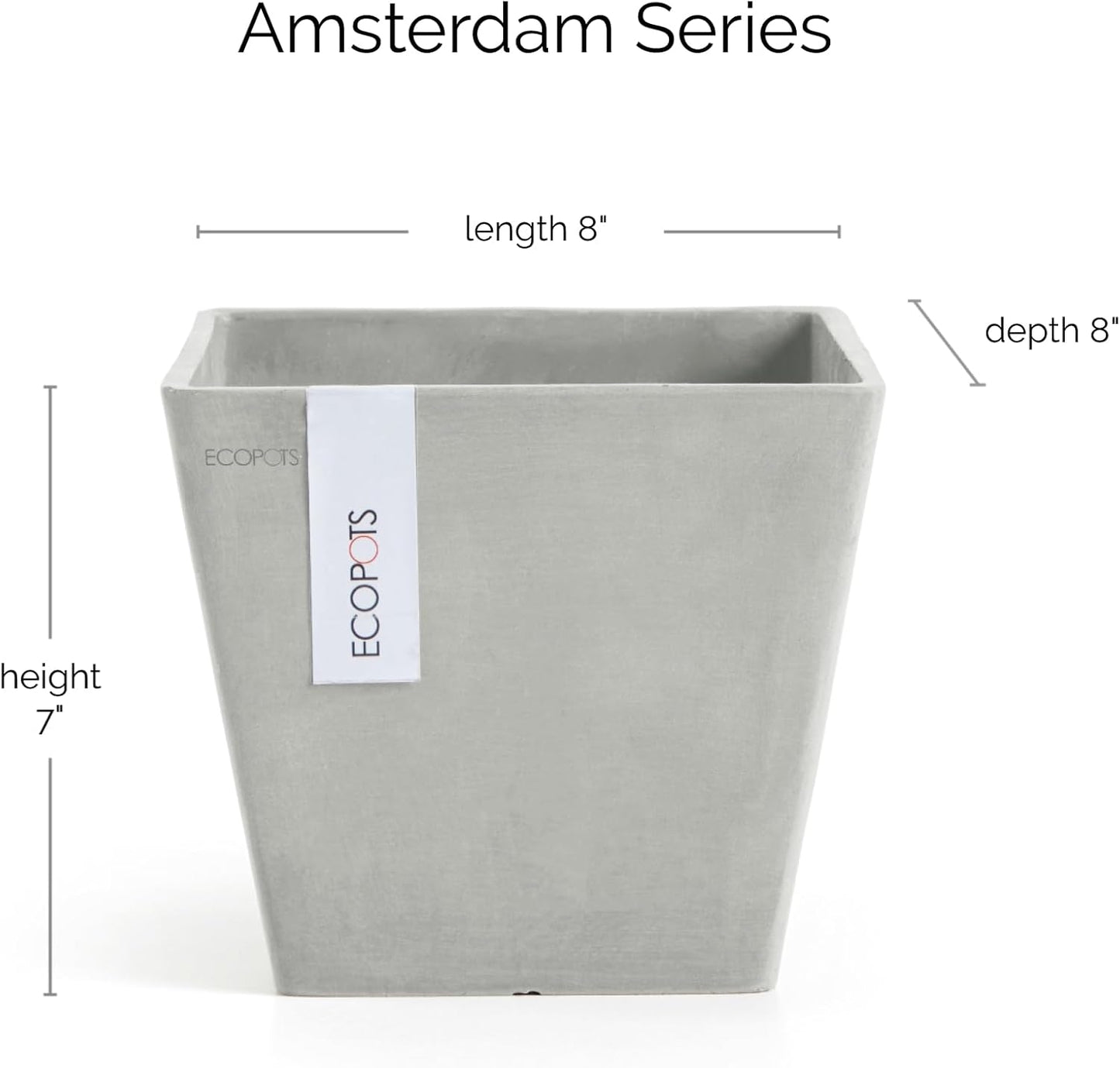 Ecopots Rotterdam Durable Modern Square Indoor/Outdoor Recycled-Based Composite Flower Planter, White Grey, 8"