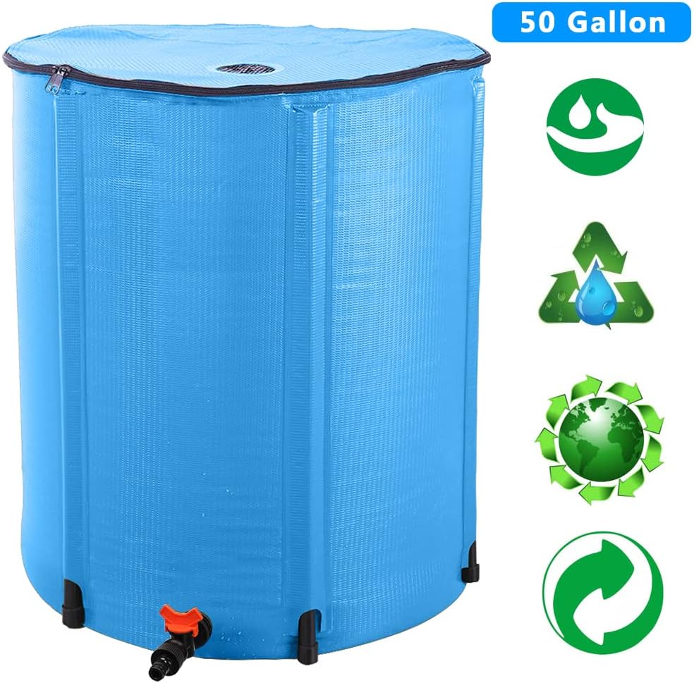 50 Gallon Collapsible Rain Barrel, Portable Rainwater Collection System, Water Storage Tank, Rain Catcher Barrel with Spigots and Overflow Kit, Rain Water Barrel Collector for Garden, Blue