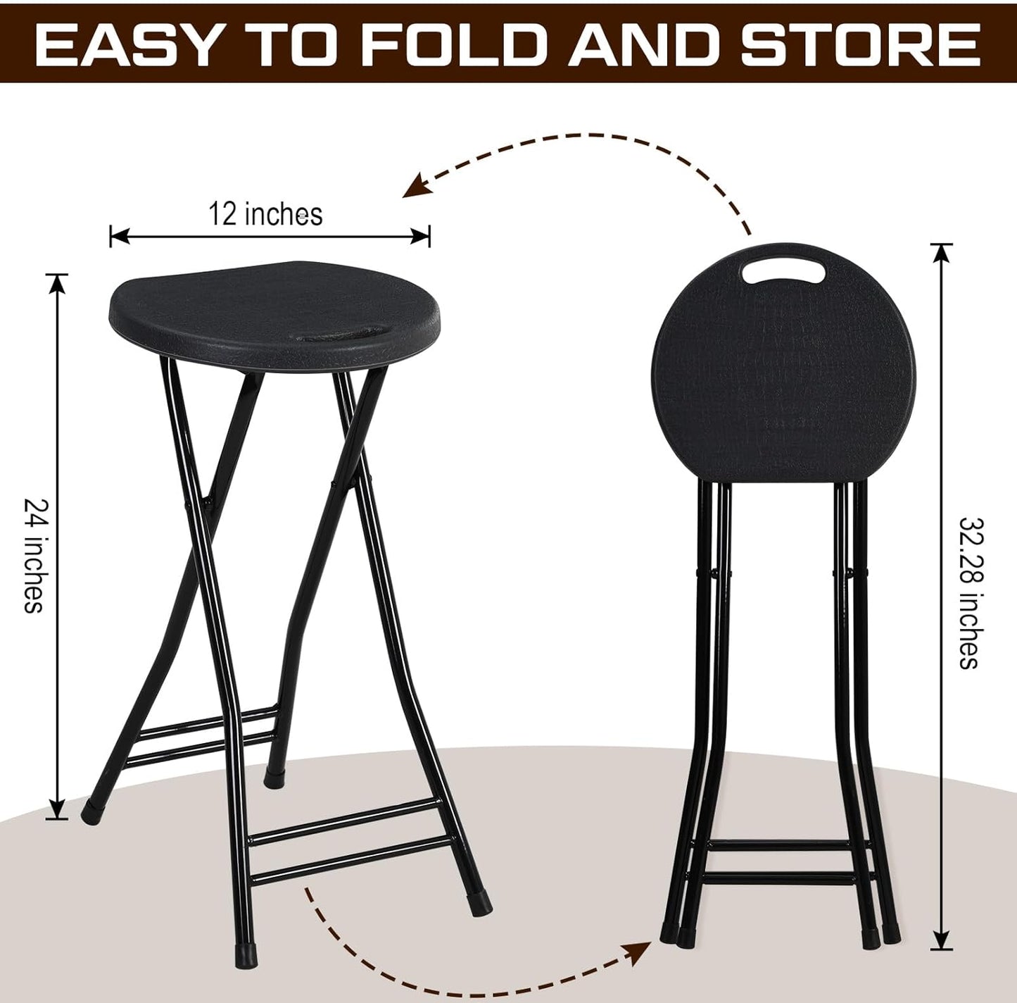 Suzile 2 Pcs 24 Inch Tall Folding Chair Portable Plastic Stool Chair Heavy Duty Foldable Bar Stools with Handle for Adults Kitchen Counter Room Home Camping Indoor Outdoor, 300lbs Capacity (Black)