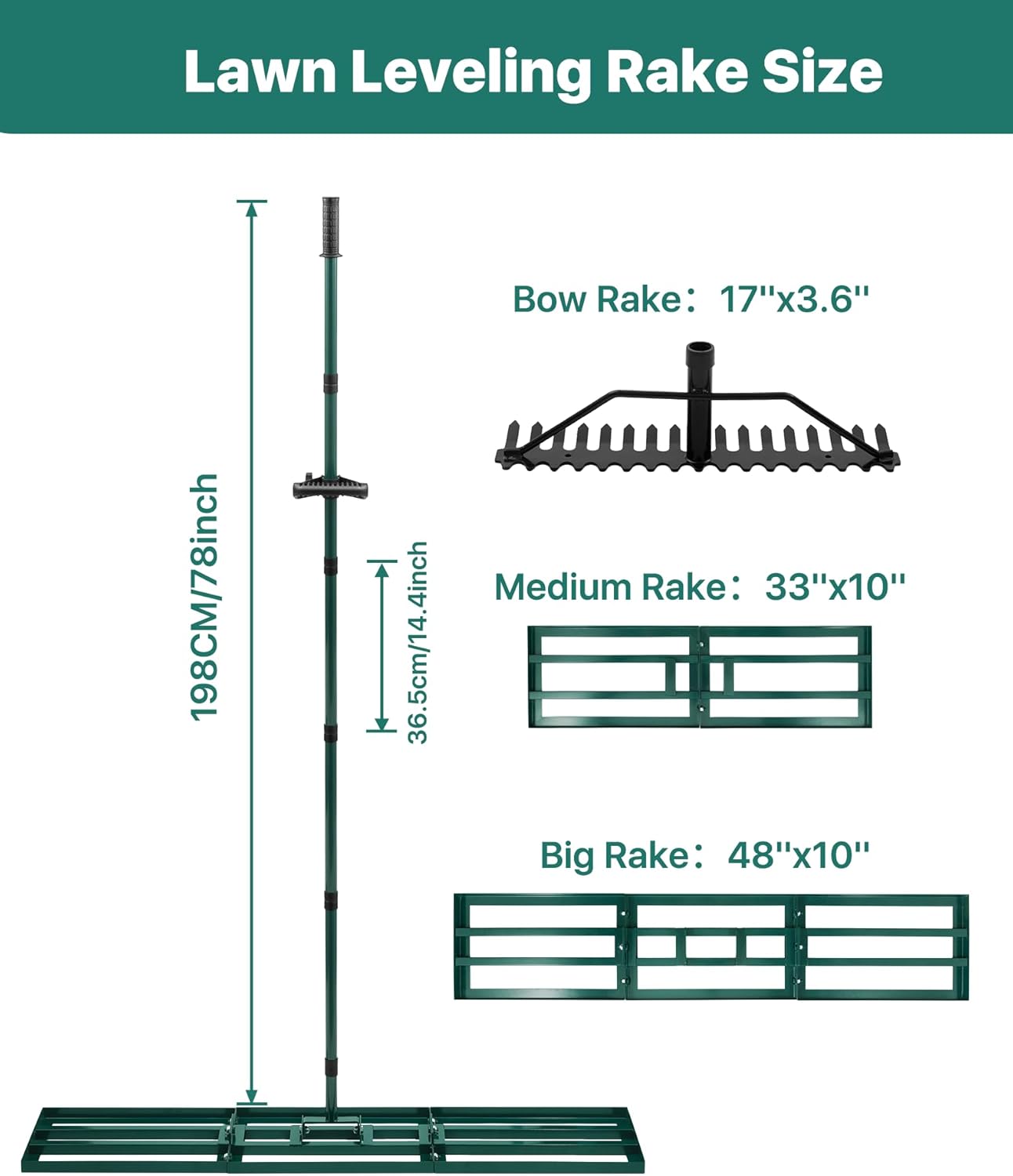 Lawn Leveling Rake 48x10'', Yard Leveling Rake with 78'' Back-Saving Adjustable Handle, Stainless Steel Lawn Leveler Tool with 17'' Tines Head for Garden, Backyard, Farm, Golf Course