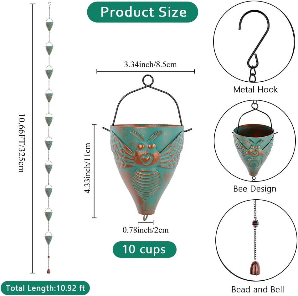 10 FT Rain Chain for Outside, Rain Chain with 10 Bee Pattern Cups Adjustable Rain Catcher Chain for Gutters, Eaves, Drainage, Replacement for Downpout