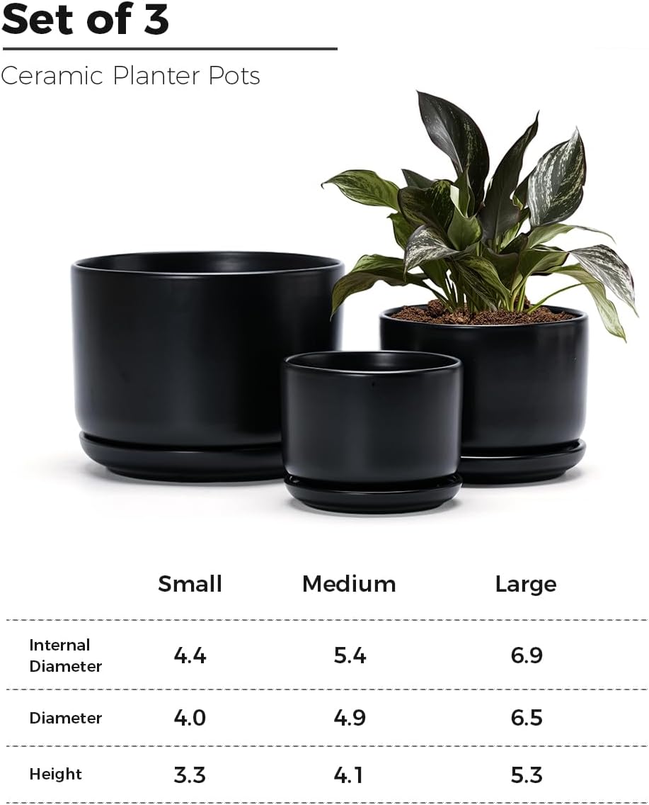 Ton Sin Plant Pots, 4.1+5.1+6.5 inch, Set of 3, Ceramic Planters with Drainage Hole and Saucer, Indoor Flower Pot with Hole Mesh Pad, Gifts for Mom（Matte Black）