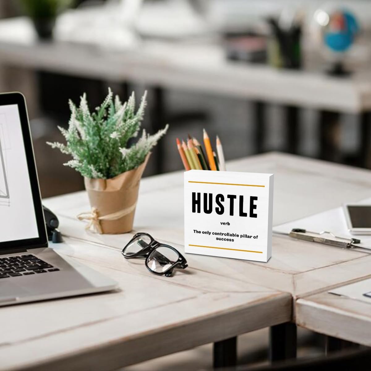 Hustle Definition Entrepreneur White Wooden Box Sign, Inspirational Office Decor Decorative Table Shelf Desk Decor, Rustic Workplace Farmhouse Home Counter Decor Office Decorations Desk Accessories